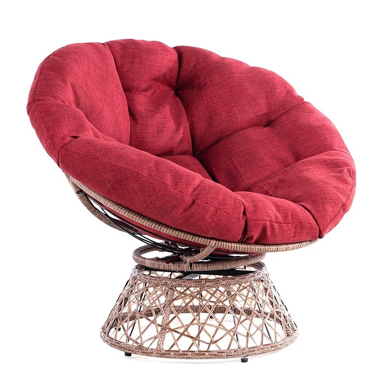 Hot Cherry Sangria Cushion Brown Base Garden Rattan Resin Wicker Papasan Chair Red Leisure Sofa Chaise Lounge Chair with Cushion