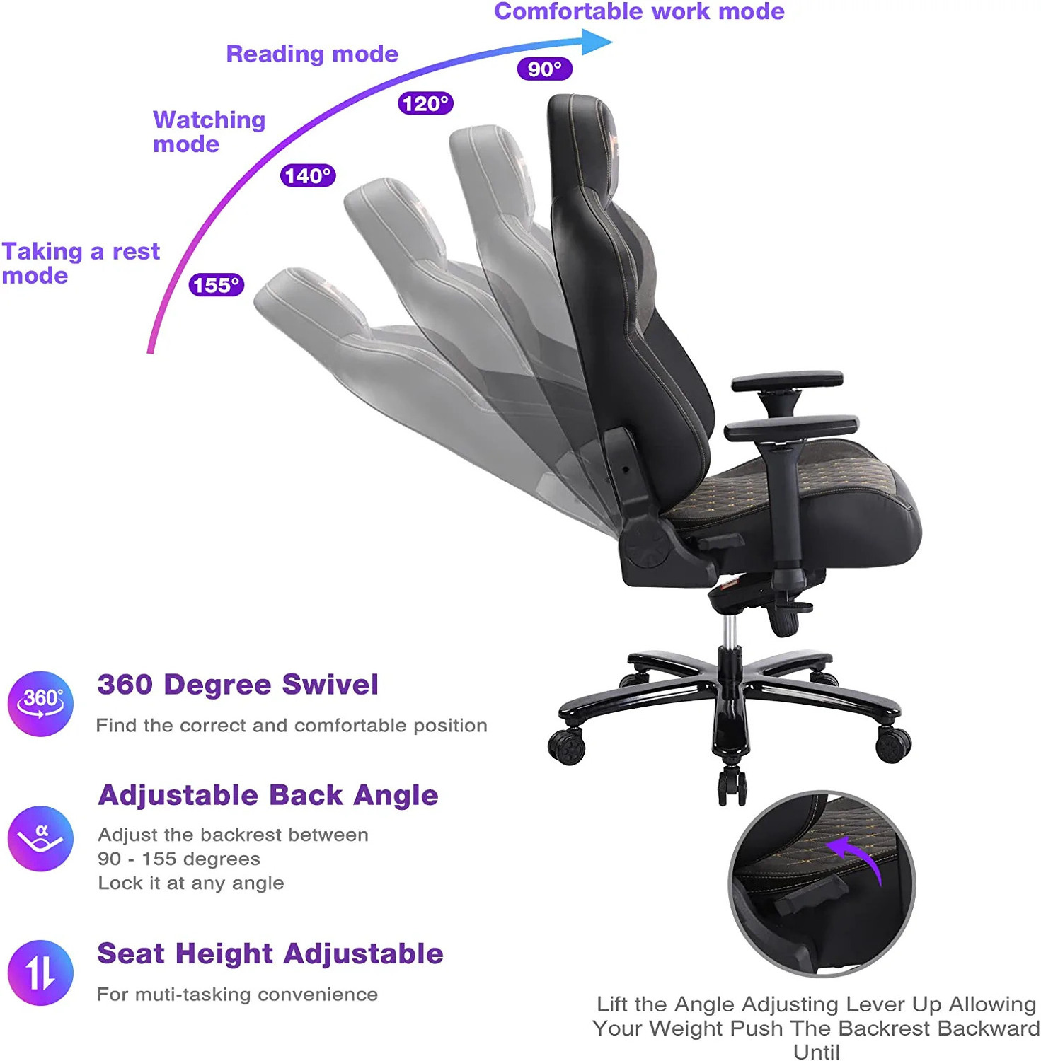 Upgraded Wider 4d Adjustable Soft Lift Armrest Gel Cold Cure Foam Lumbar Seat Cushion Gaming Chair with Heavy Duty Metal Base