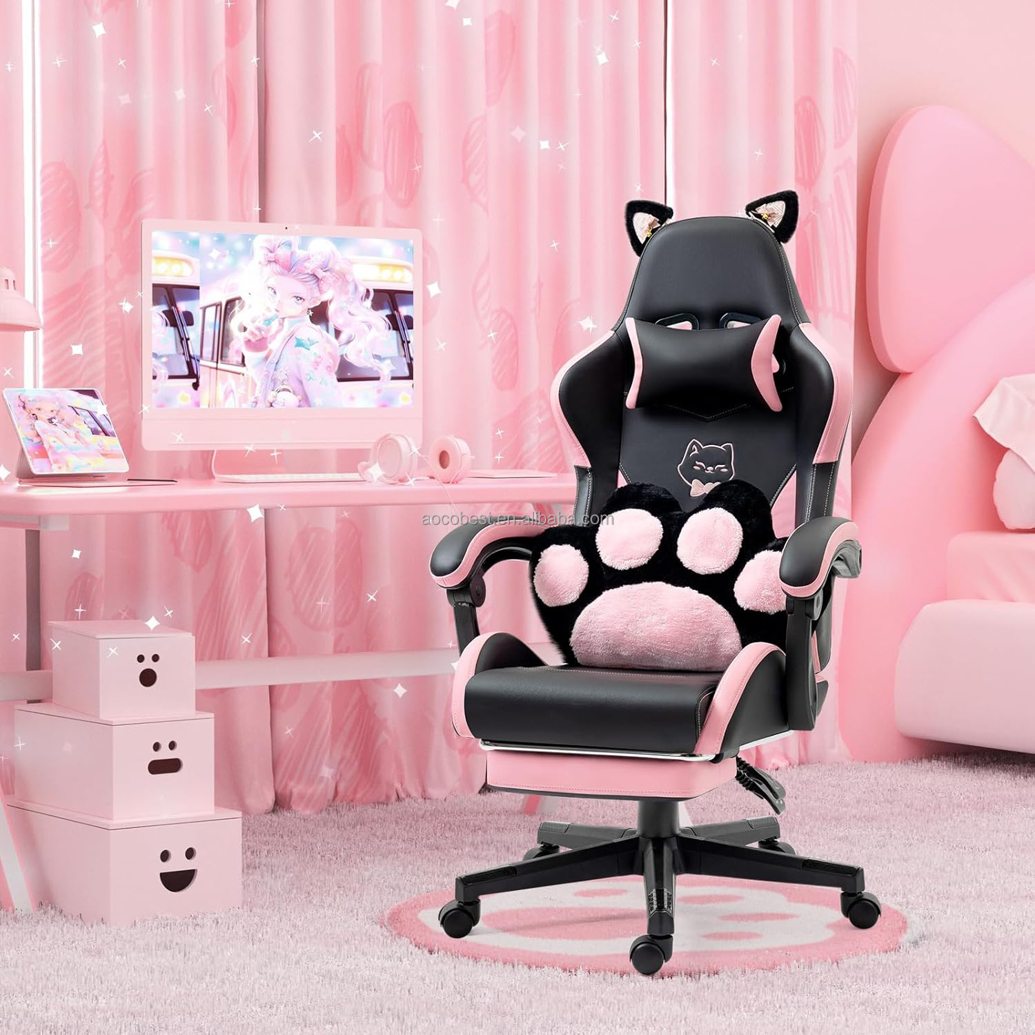 Cute Gaming Chair with Cat Paw Lumbar Cushion and Cat Ears Ergonomic Computer Chair with Footrest Reclining PC Pink Game Chair