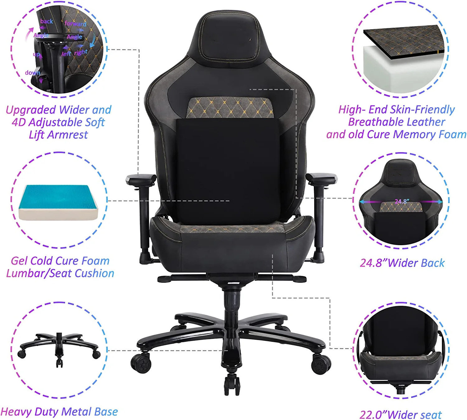 Upgraded Wider 4d Adjustable Soft Lift Armrest Gel Cold Cure Foam Lumbar Seat Cushion Gaming Chair with Heavy Duty Metal Base