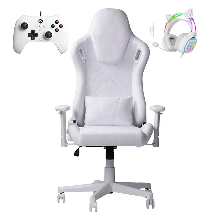 High Quality Best White Gaming Chair Pro Velvet Memory Foam Massage Computer Racing Desk Pc Game Chair with Build in Headrest