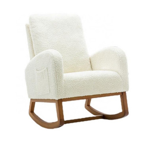 Living Room Chair Comfy Rocking Chair Nursery Solid Wood Base Side Pocket White Accent Armchair Baby Rocking Chair for Adults