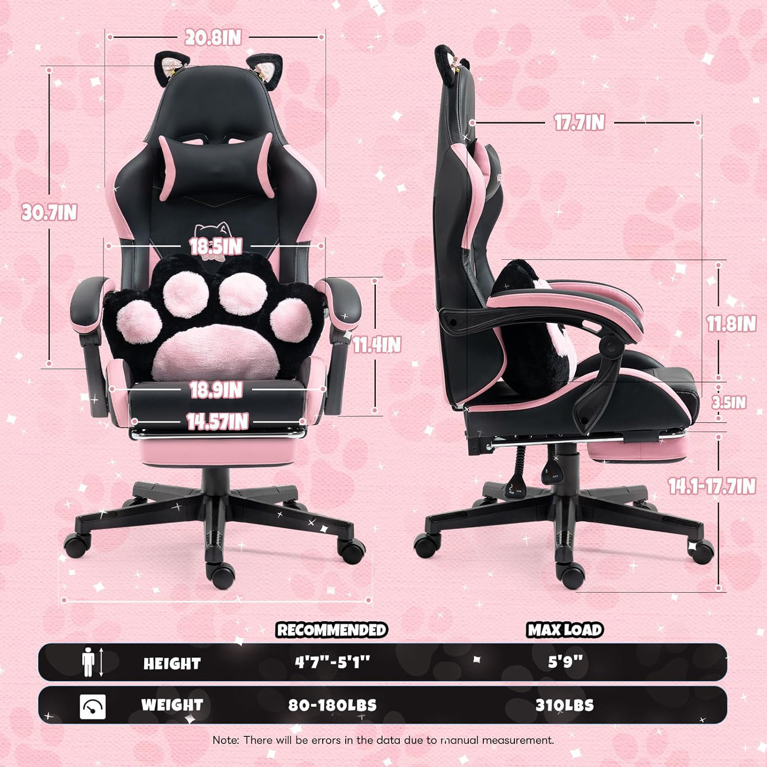 Cute Gaming Chair with Cat Paw Lumbar Cushion and Cat Ears Ergonomic Computer Chair with Footrest Reclining PC Pink Game Chair