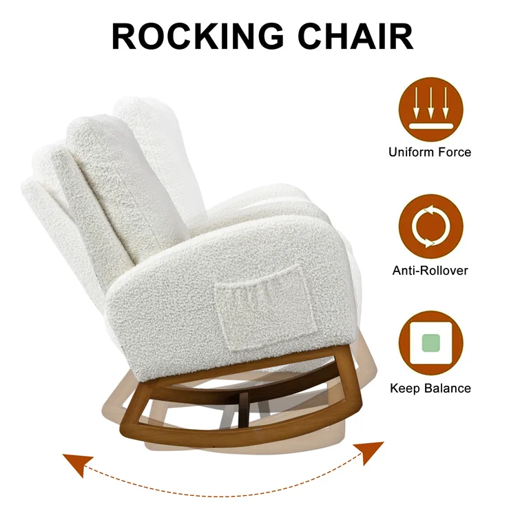 Living Room Chair Comfy Rocking Chair Nursery Solid Wood Base Side Pocket White Accent Armchair Baby Rocking Chair for Adults