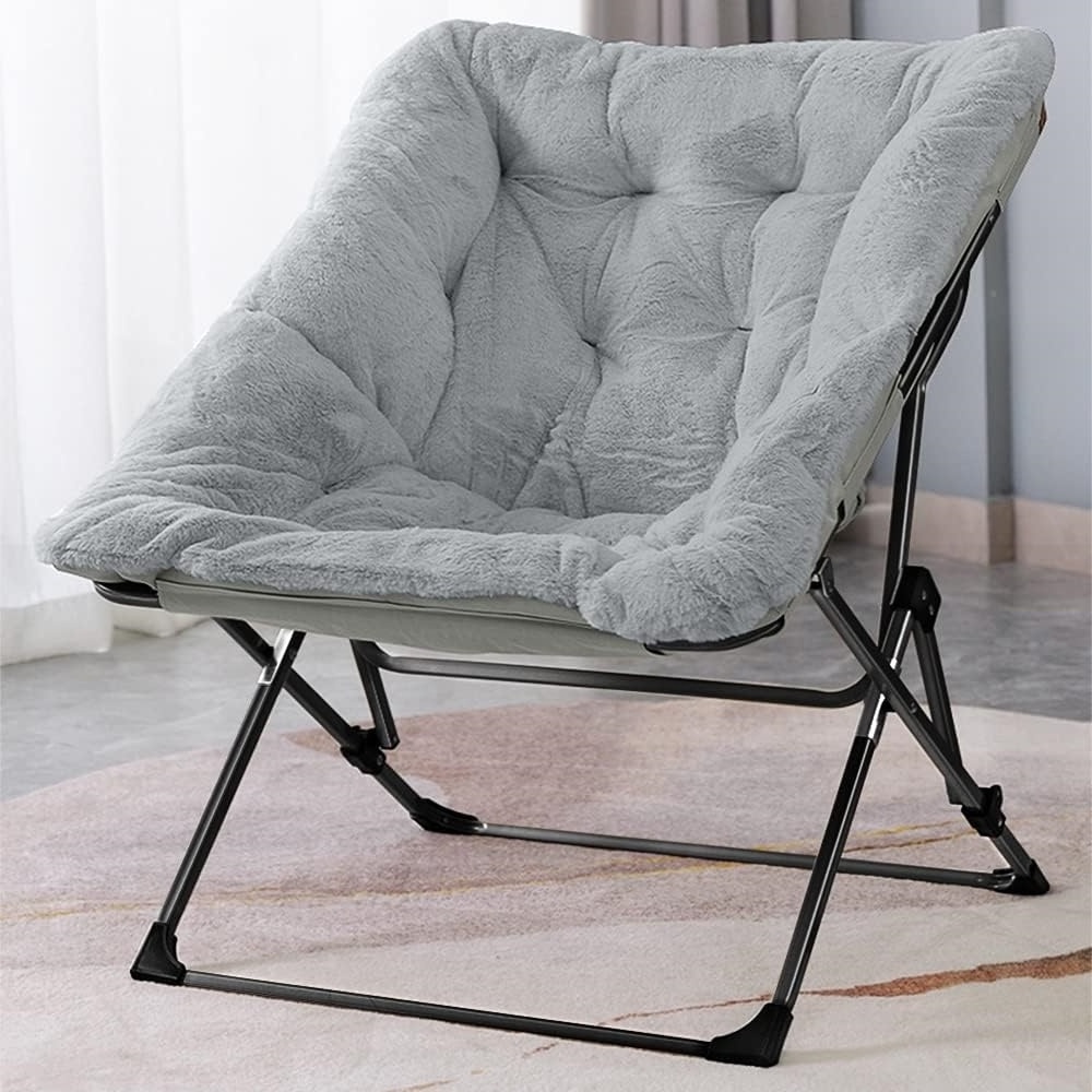 Cheap Chaise Flexible Seating Kids Teens Adult Comfy Saucer Chair Grey Folding Faux Fur Lounge Chair for Bedroom and Living Room