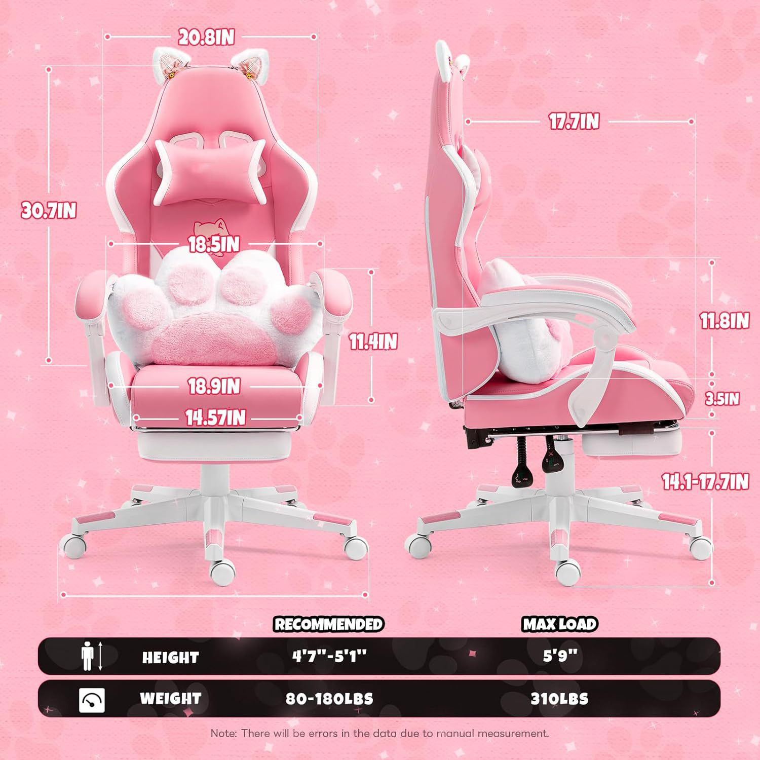 2024 USA Oyuncu Koltuu Cute pink white Cat Ears Cat Paw Lumbar Cushion Girl Teen Kids Pc Game Racing Gaming Chair with Footrest