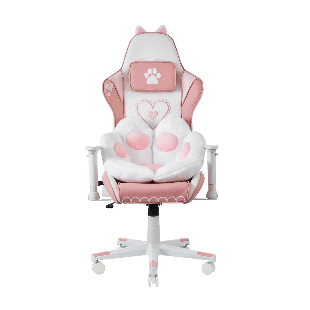 European Pink Colour Lovely Gamer Chair Cat Girl Chair Cute Pink Leather Gaming Chair with cat paw cushion for girls