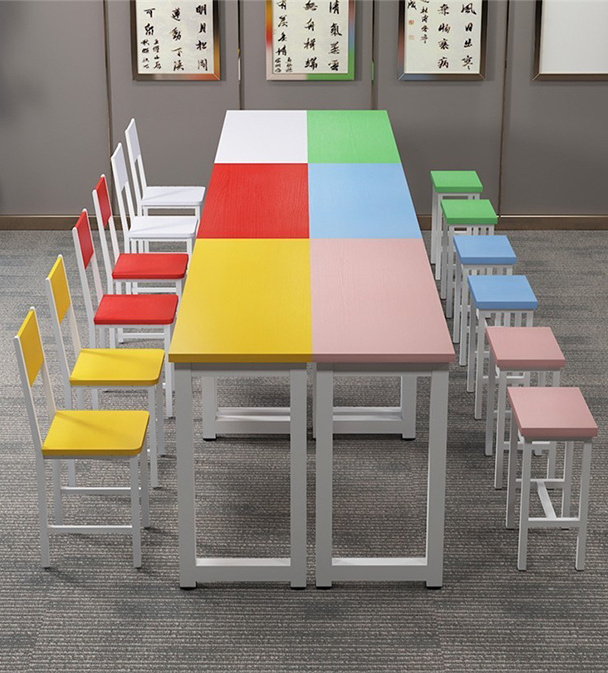 Colorful School Furniture Steel Material Student Library Reading Table Wooden Kindergarten Student Desk and Chair Set