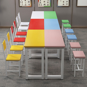 Colorful School Furniture Steel Material Student Library Reading Table Wooden Kindergarten Student Desk and Chair Set