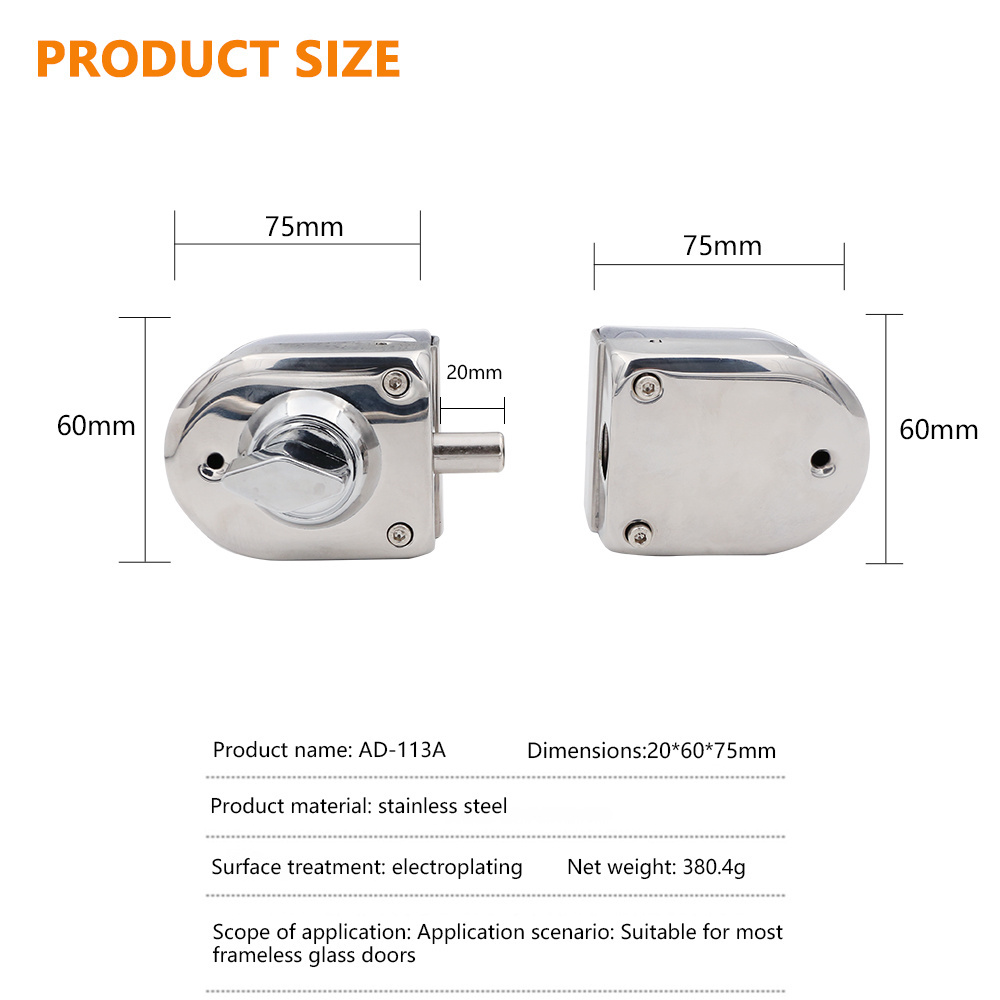 Double Side Shower Bedroom Sliding 10-12mm Frameless Stainless Steel  Glass Door Lock Latch SS304 Cover Round Knob Door Lock