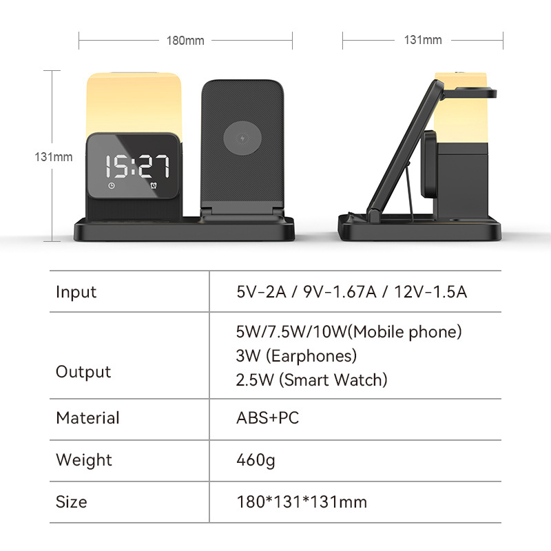 Customized 15W Fast Wireless Charging Desktop Phone Stand Holder LED Clock Night Light Wireless Charger 6 in 1 Qi Charger Type C