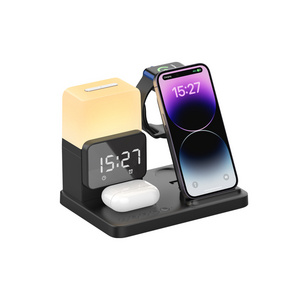 Customized 15W Fast Wireless Charging Desktop Phone Stand Holder LED Clock Night Light Wireless Charger 6 in 1 Qi Charger Type C