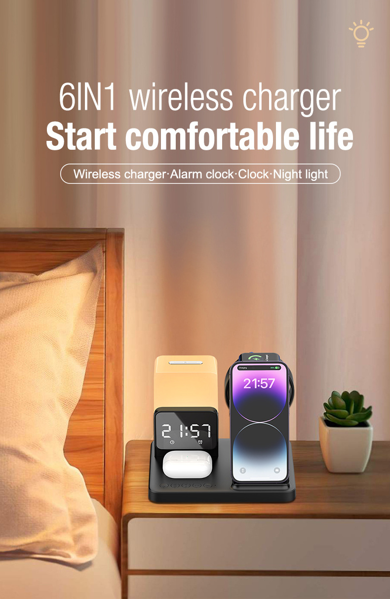 Customized 15W Fast Wireless Charging Desktop Phone Stand Holder LED Clock Night Light Wireless Charger 6 in 1 Qi Charger Type C