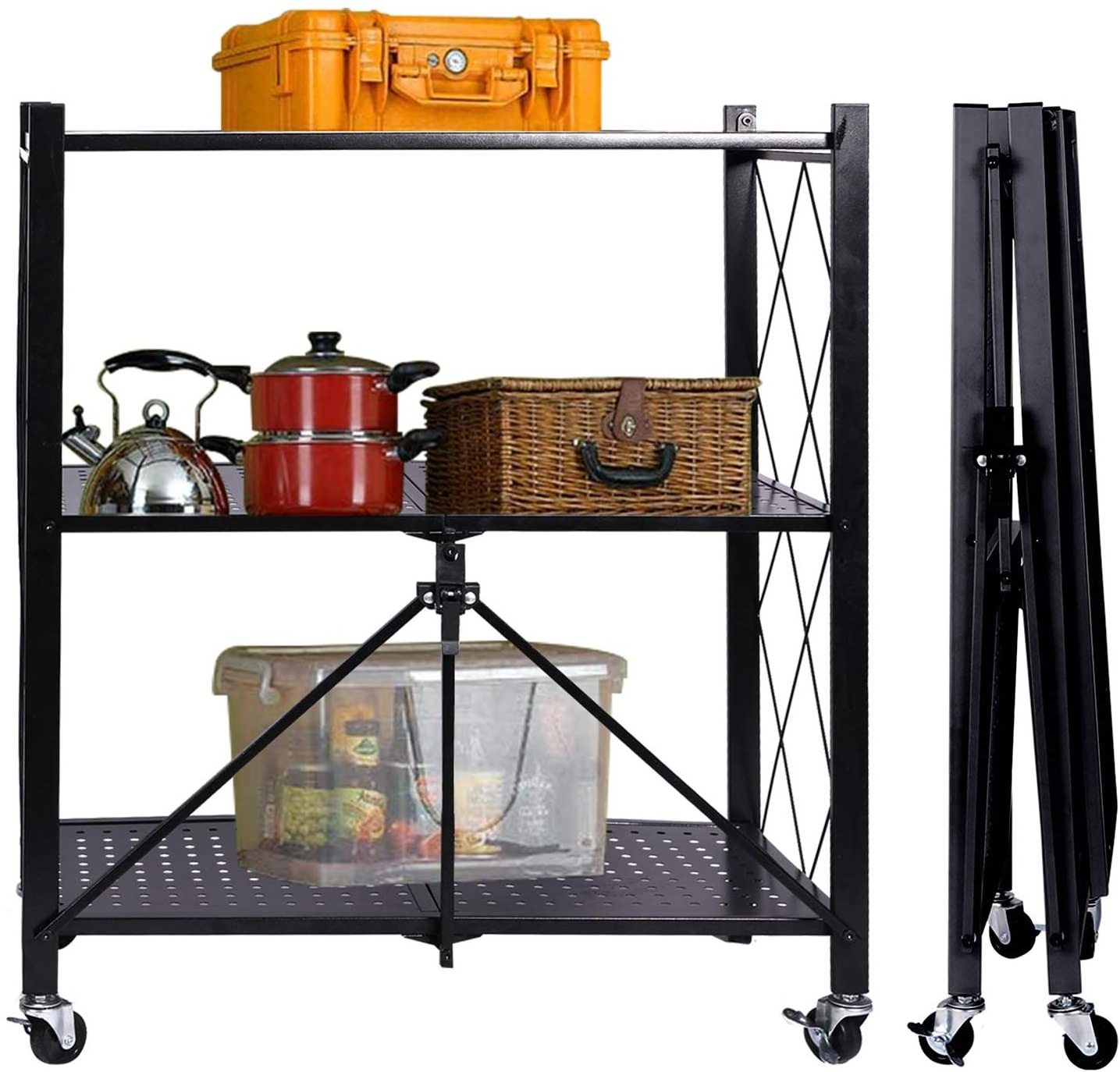 Carbon steel folding removable 4 tier storage rack shelf metal foldable shelves for kitchen