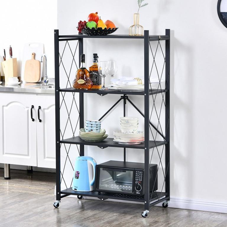 Carbon steel folding removable 4 tier storage rack shelf metal foldable shelves for kitchen