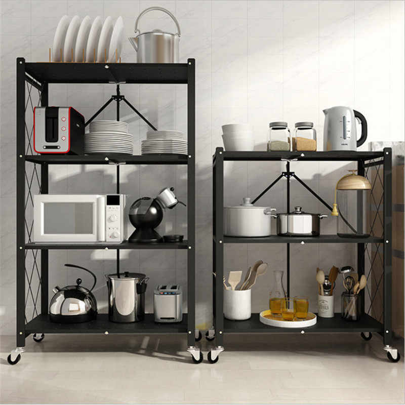 Carbon steel folding removable 4 tier storage rack shelf metal foldable shelves for kitchen