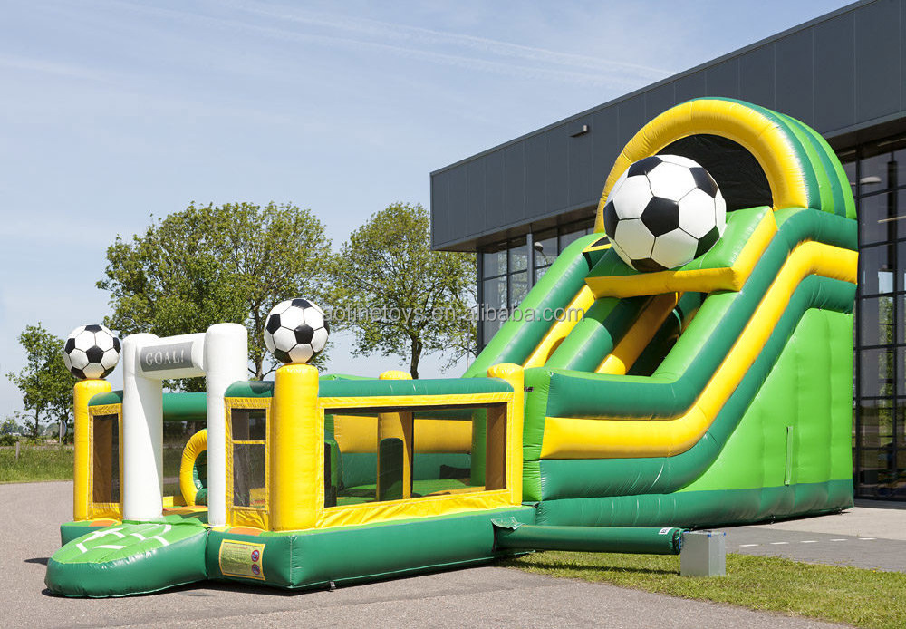 Soccer Slide Slip And Football Pitch Water Soccer Inflatable Dry Slide With Bounce House Obstalce Games for sale