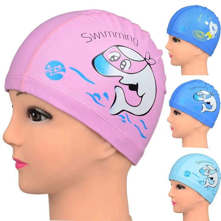 Boys Girls Kids Children Swim Pool Hats Ear Protector PU Waterproof Swimming Caps