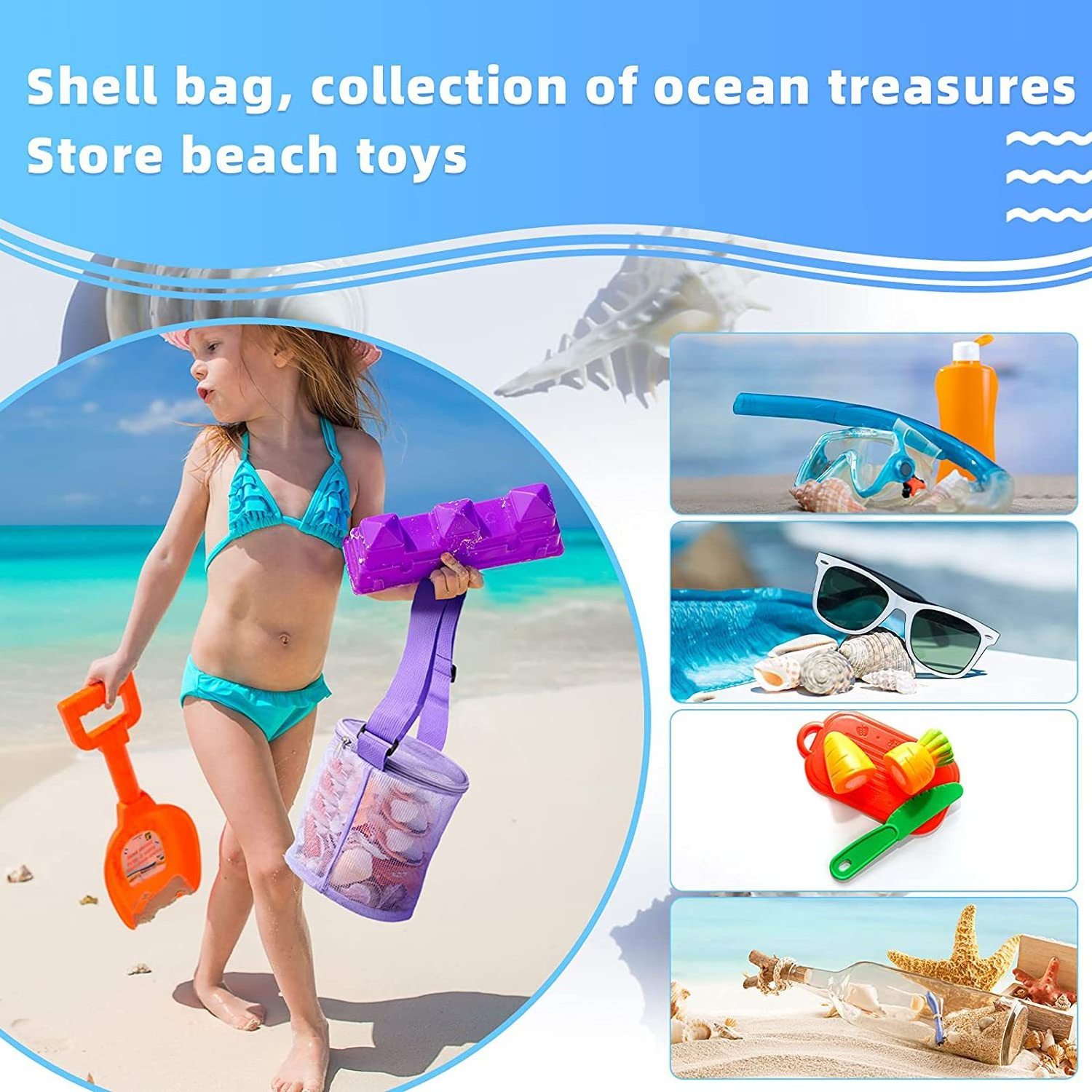 Wholesale Mesh Design Kids Girls Beach Shell Organizer Bag Basket Bucket Toy Storage Tote Bag