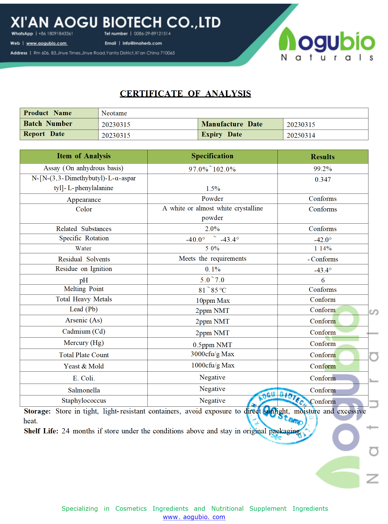 Neotame Food sweetener cas 165450-17-9 Neotame powder