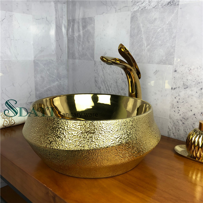 Commercial luxury wash basin table top gold and white color  basin bathroom sink