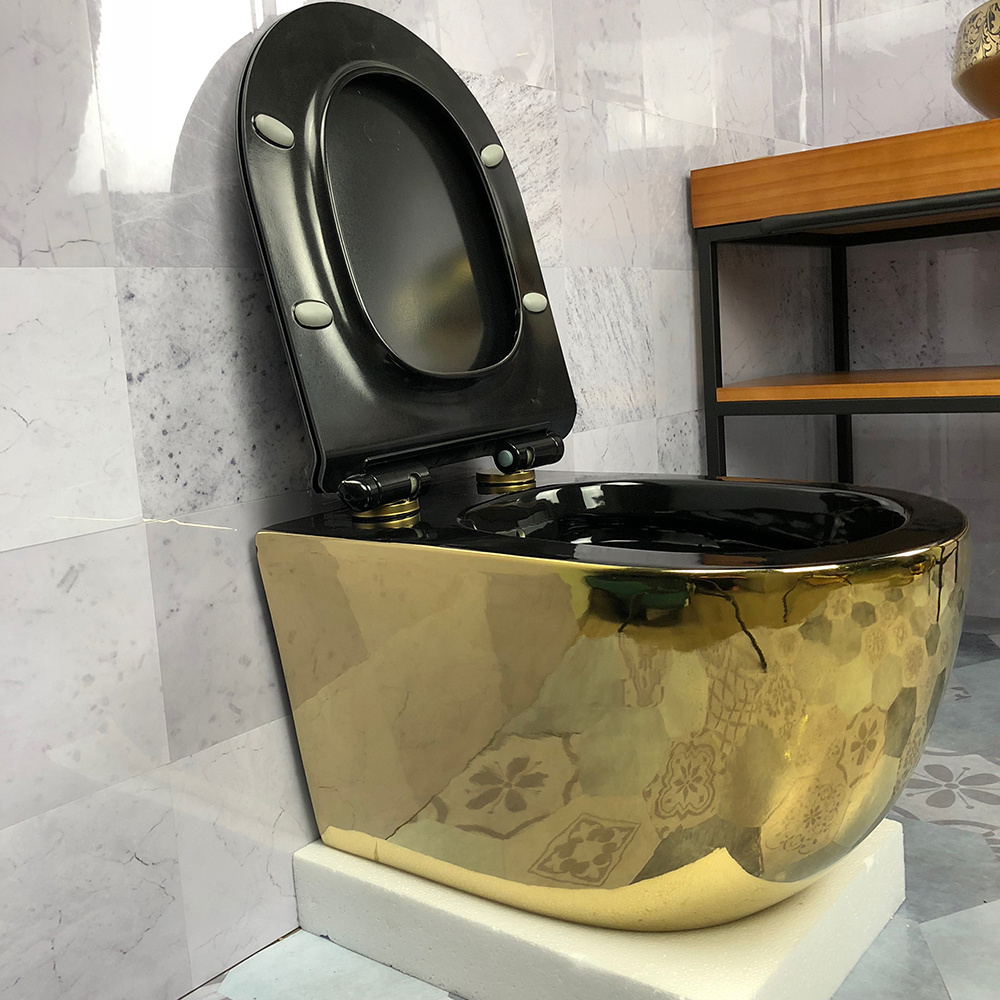 SDAYI bathroom  black and  gold rimless wall hung mounted wc toilet bowl golden color wall hung toilet