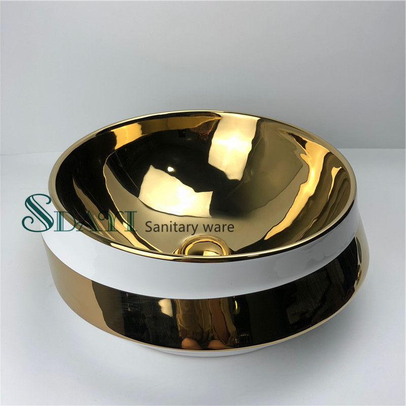 Commercial luxury wash basin table top gold and white color  basin bathroom sink