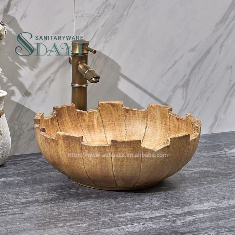 SDAYI wooden striped ceramic bathroom sink Handmade basin washbasin lavatory basin round basin