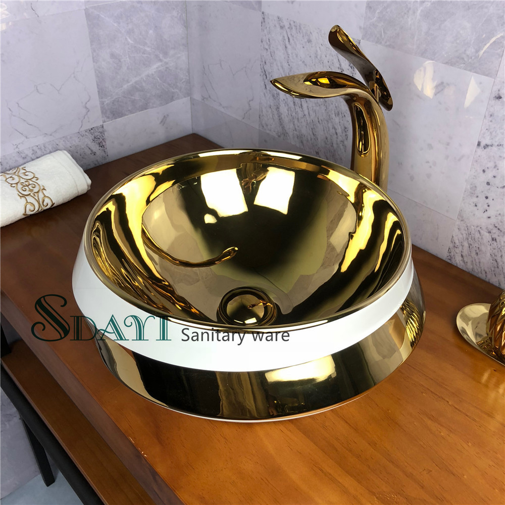 Commercial luxury wash basin table top gold and white color  basin bathroom sink