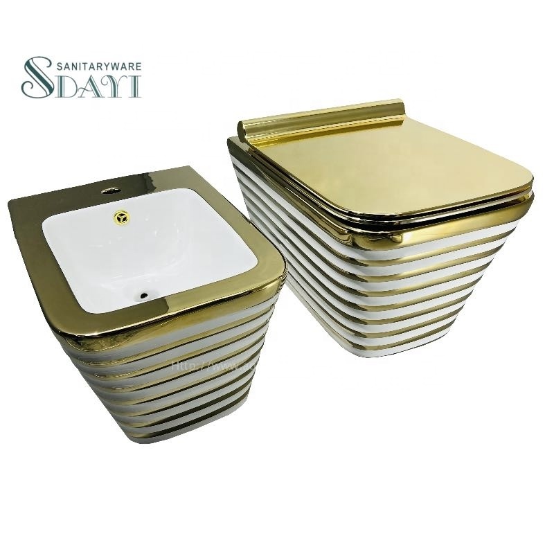 SDAYI sanitary ware ceramic square wall mounted golden electroplated toilet seat wall hung bowl India style wc toilet