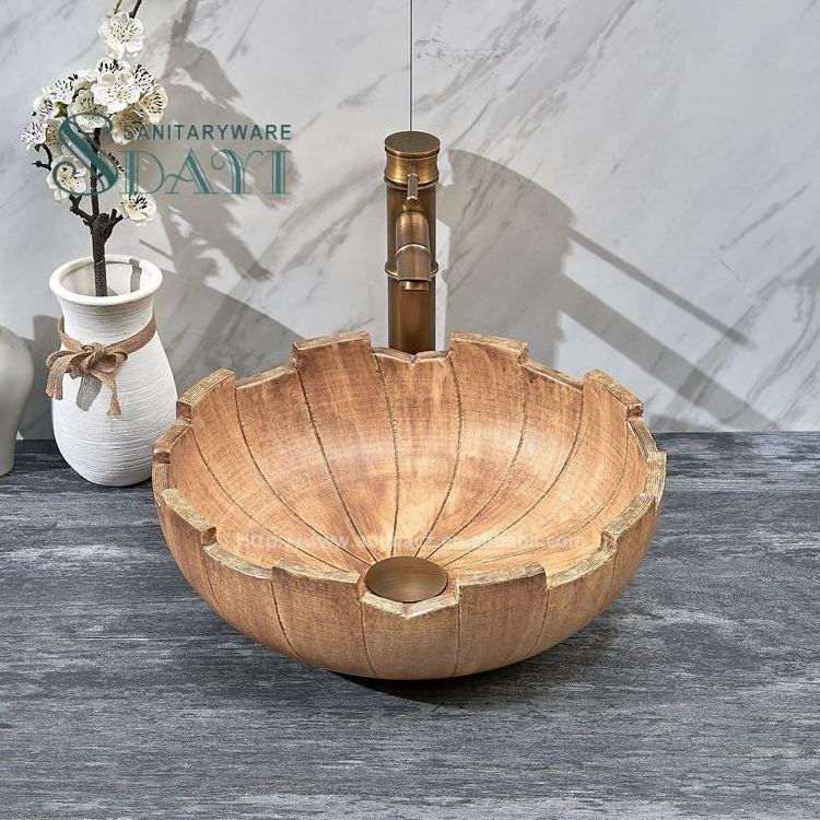 SDAYI wooden striped ceramic bathroom sink Handmade basin washbasin lavatory basin round basin