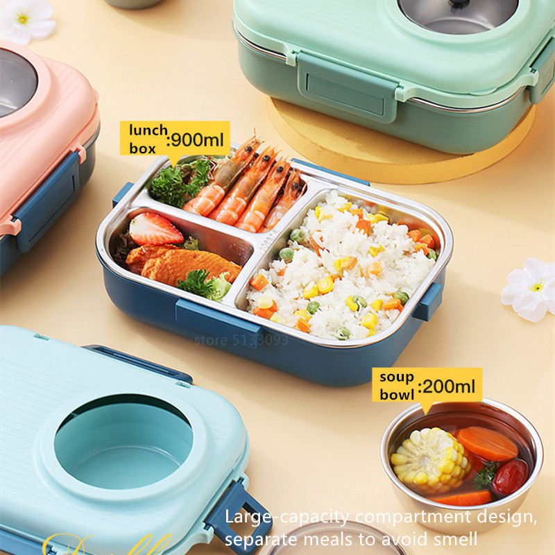 Food Container De almacenamiento de alimentos y contenedor Stainless Steel Lunchbox Kids Thermal Bento Box with Soup Bowl