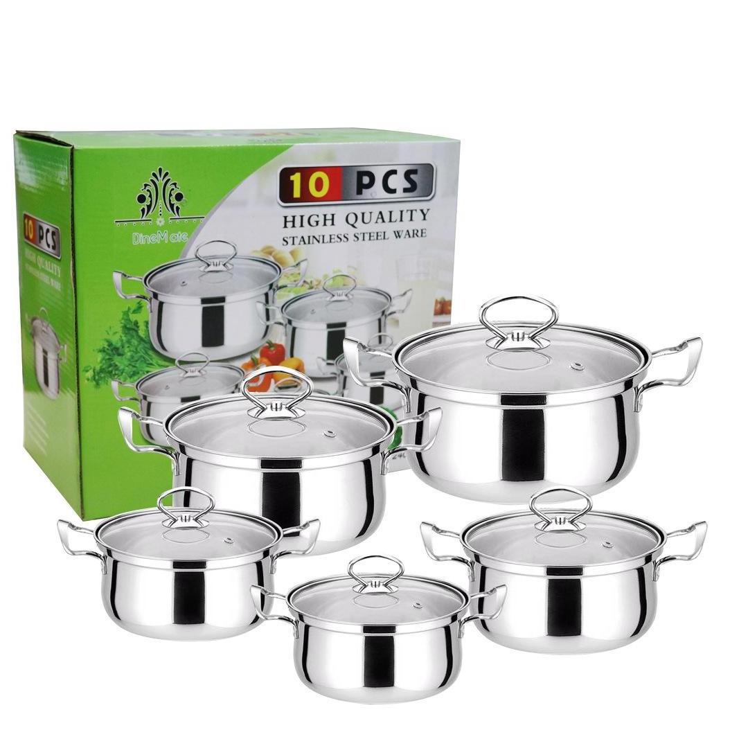 Hot selling cookware 10pcs in 1 sets Kitchen cookware Stock Pot Stainless Steel Cooking milk and soup Pot Cookware Set