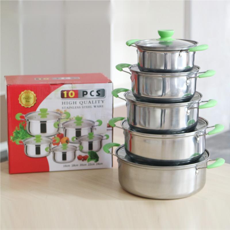 Hot selling cookware 10pcs in 1 sets Kitchen cookware Stock Pot Stainless Steel Cooking milk and soup Pot Cookware Set