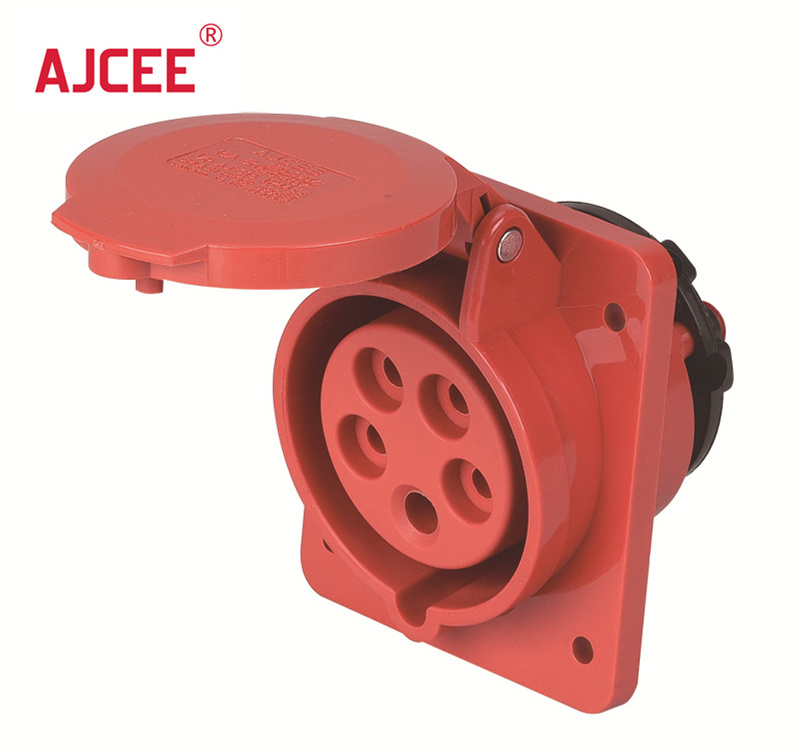 AJCEE ip44 4pin 380v 32 amp waterproof electrical industrial panel mounted angle plug and socket with CE