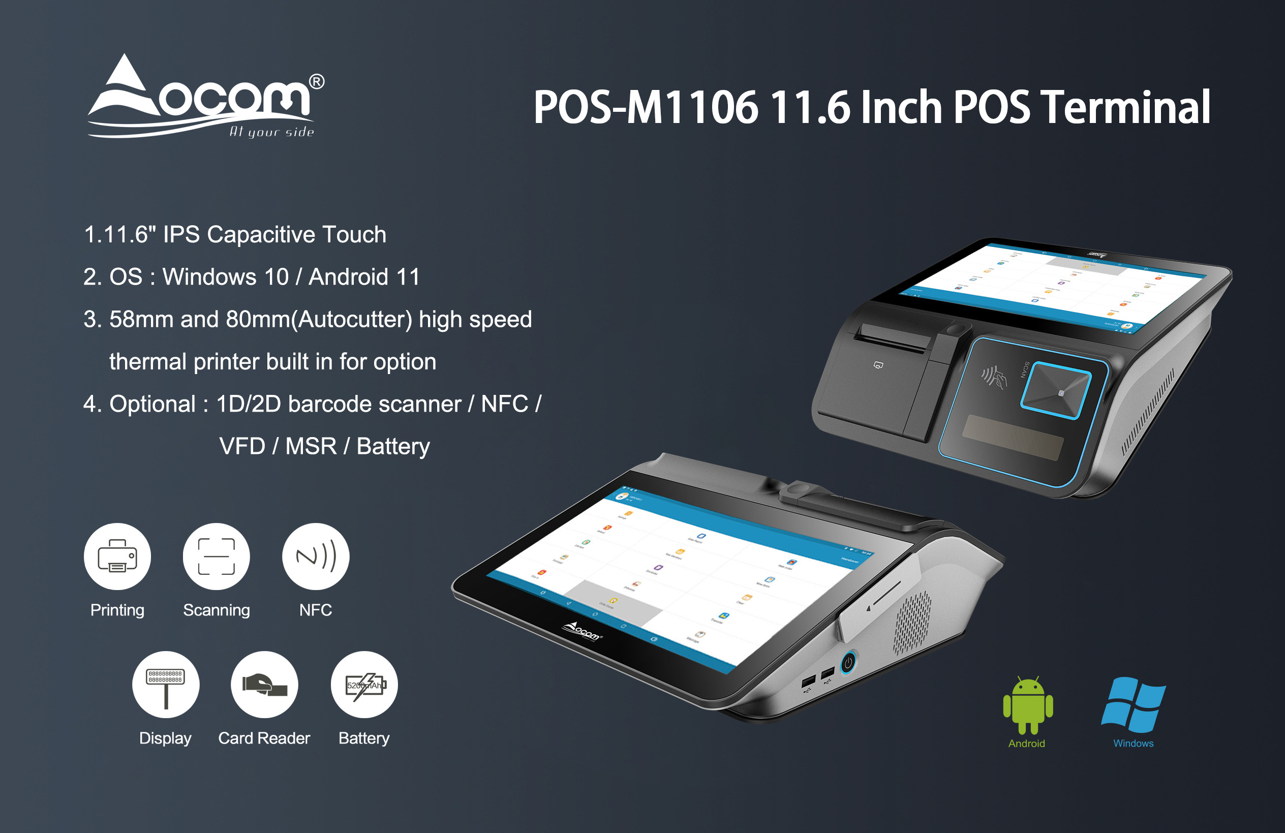 POS-M1106 OCOM Smart Touch Screen Desk Android Supermarket Pos Electronic Cash Register