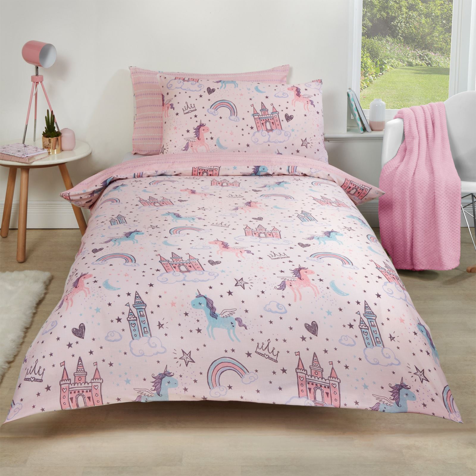 Christmas Hot Selling Unicorn Kingdom Cotton Duvet Cover Pillowcase Kids Pink Star Bedding Set