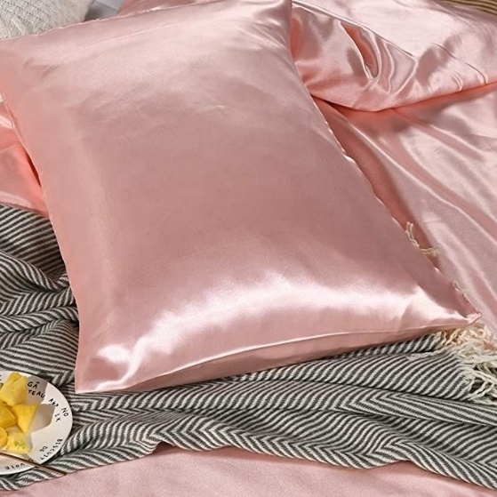 Amazon's Choice Ultra Luxury Soft Solid Color with Hidden Zipper Design Comforter Cover Pink Silky Satin Queen Duvet Cover Set