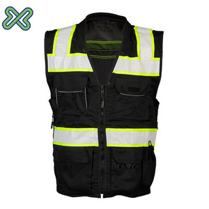 Construction engineer black security reflective safety vest with Multi  pocket