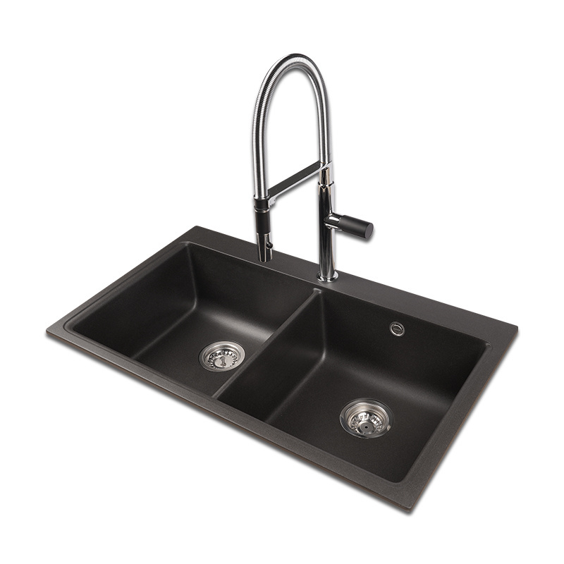 AOKE Double Bowl Quartz Sink And Faucet Custom Black Washbasin Stone Granit Marble Kitchen Sinks