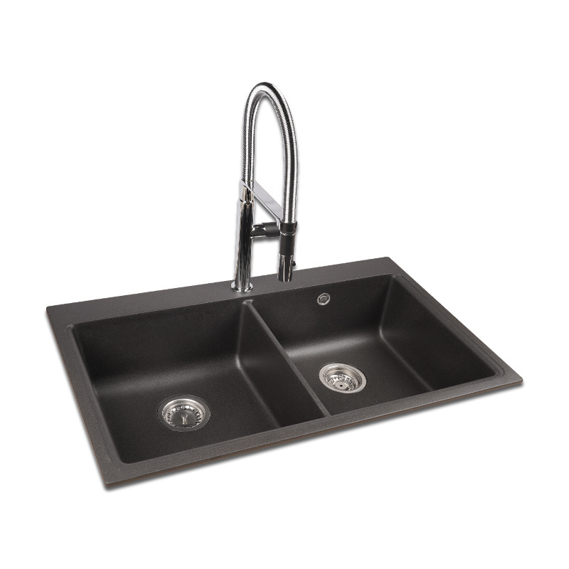 AOKE Double Bowl Quartz Sink And Faucet Custom Black Washbasin Stone Granit Marble Kitchen Sinks