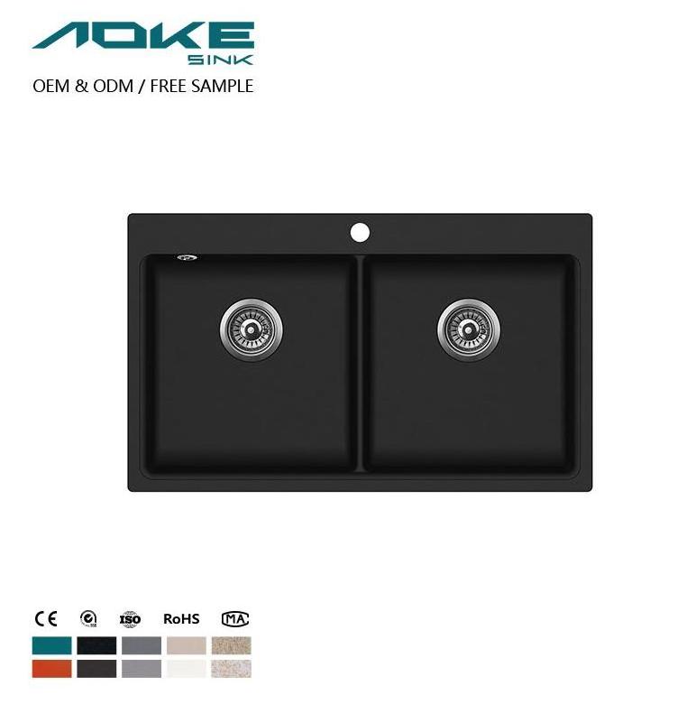 AOKE Double Bowl Quartz Sink And Faucet Custom Black Washbasin Stone Granit Marble Kitchen Sinks