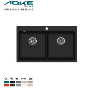 AOKE Double Bowl Quartz Sink And Faucet Custom Black Washbasin Stone Granit Marble Kitchen Sinks