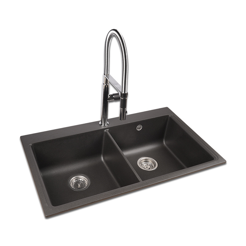 AOKE Double Bowl Quartz Sink And Faucet Custom Black Washbasin Stone Granit Marble Kitchen Sinks