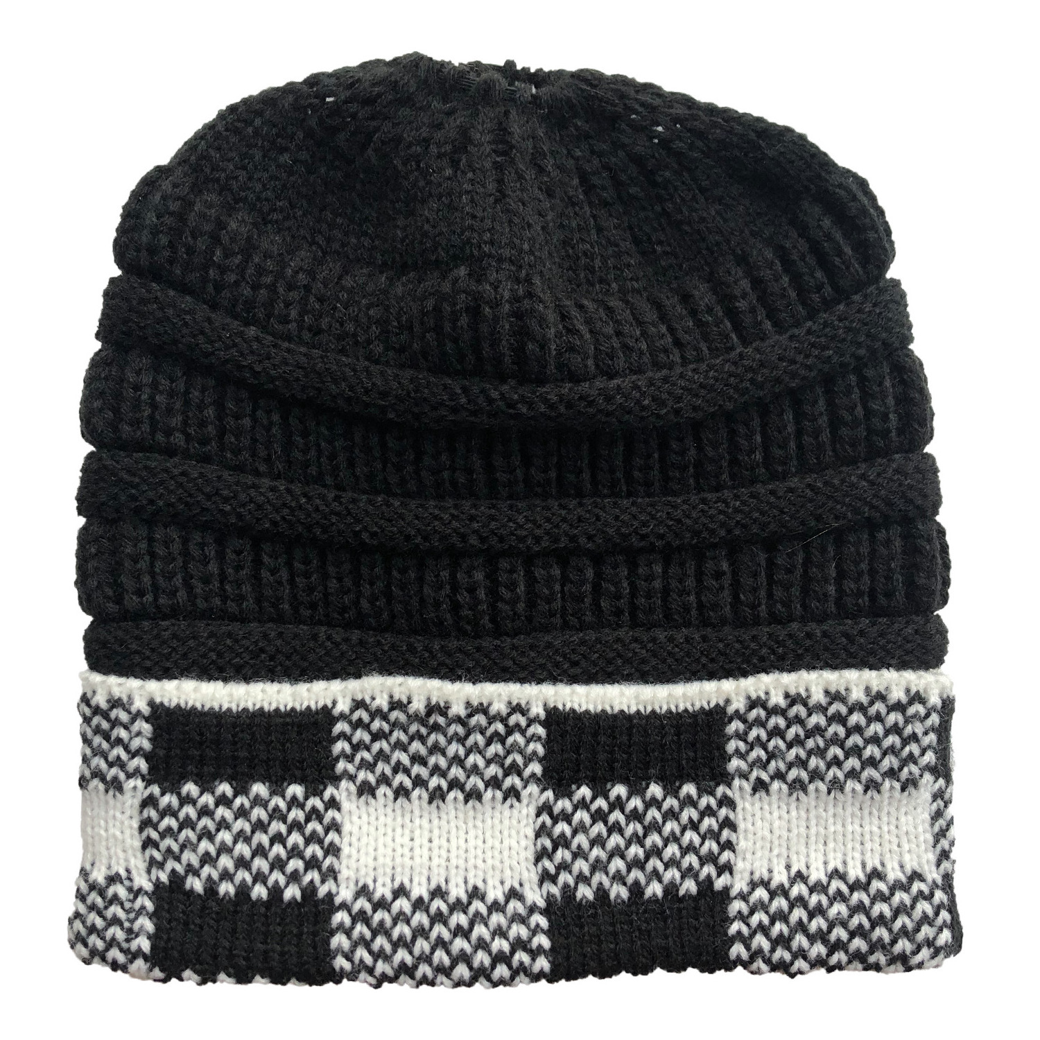 New Arrival Hot Sale Women Red Buffalo Knitted Ponytail Hat Black and White Ponytail Beanie