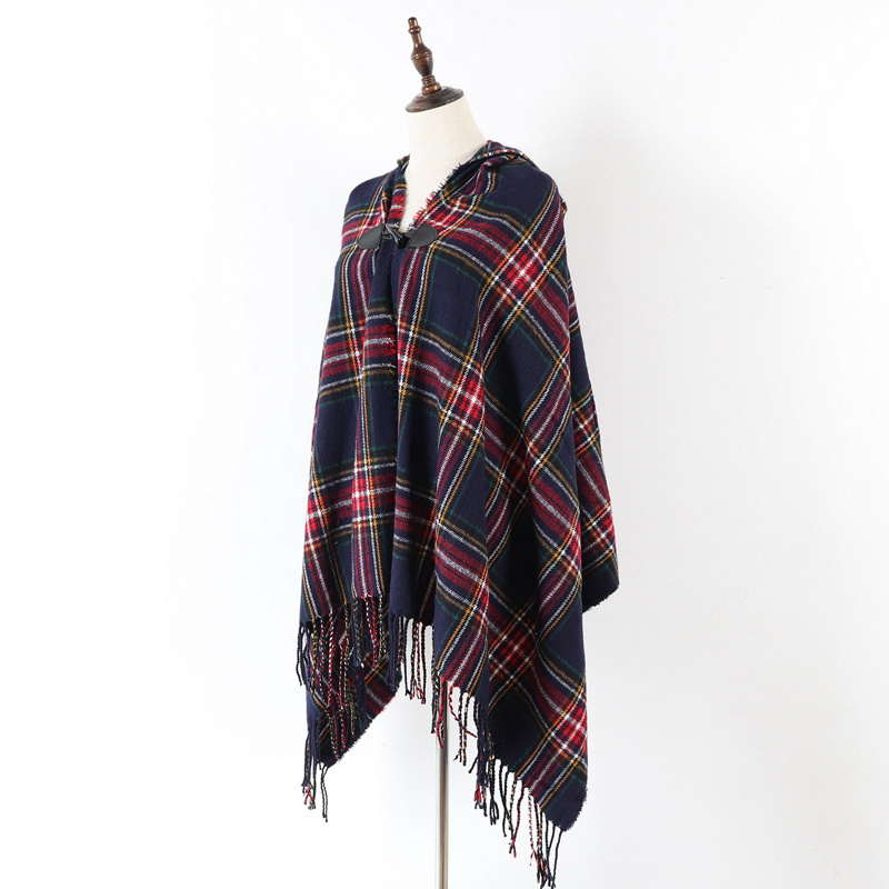 Women winter new design fashion plaid poncho with hat