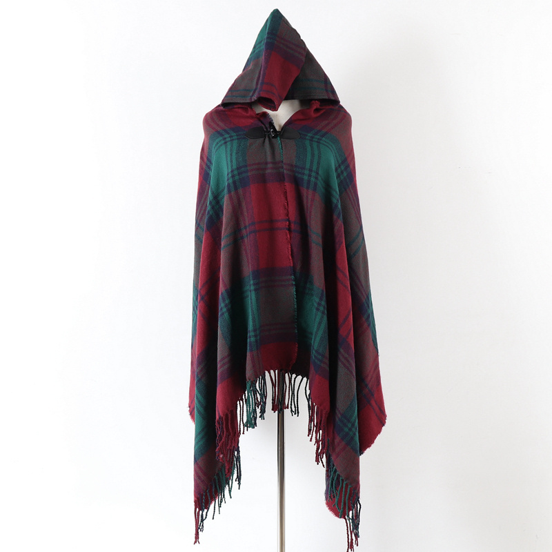 Women winter new design fashion plaid poncho with hat