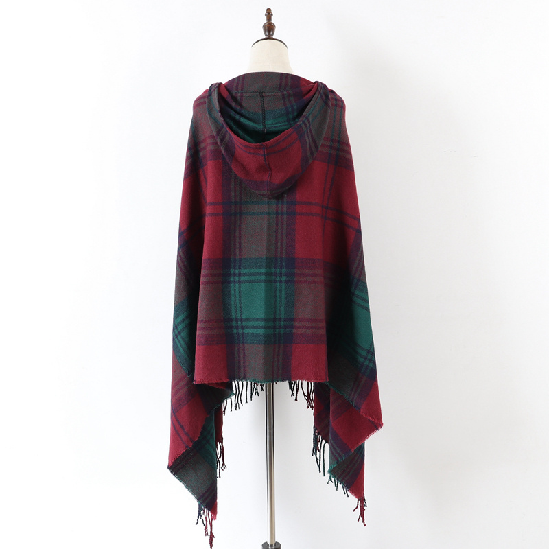 Women winter new design fashion plaid poncho with hat