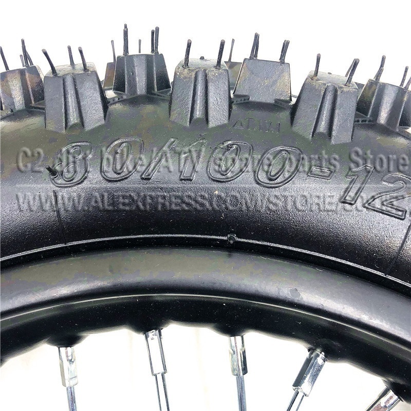 80/100-12 Guangli Tyres 1.85 x 12inch Rear Rims Wheel Steel Hub Black Wheels 32 spoke 15mm axle hole dirt pit bike Kayo Apollo