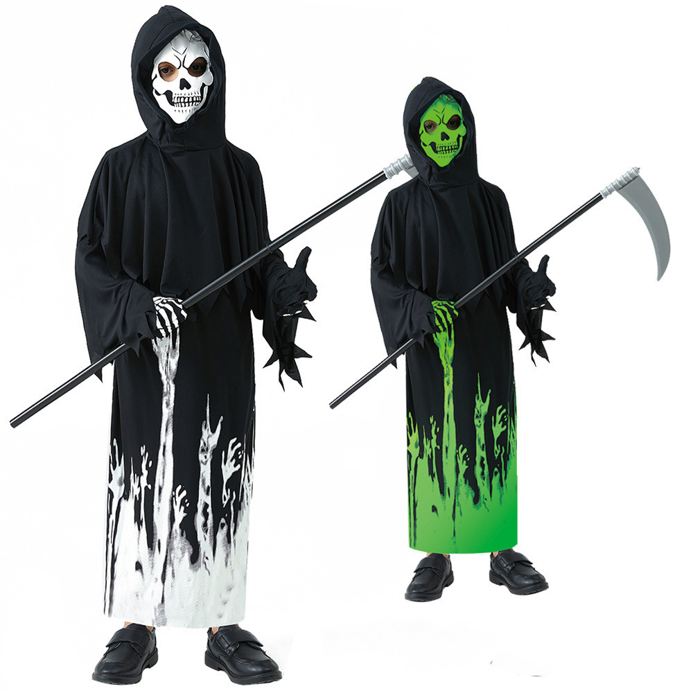 Halloween Dress Up Luminous Costume Skeleton Death Glow Robe in the Dark Scythe for Adults Child Party Costume